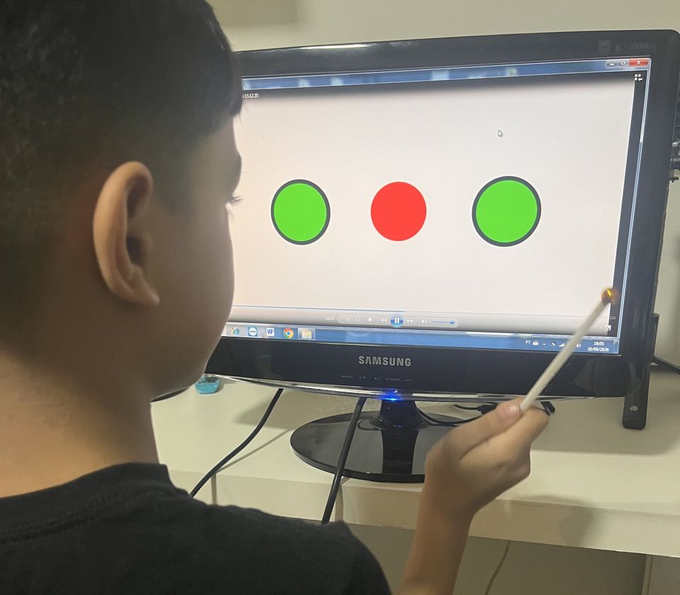Criança de costas apontando com um bastão para círculos coloridos na tela do computador